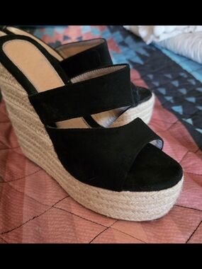 Black Suede Espadrille Wedge Sandals - Women's
